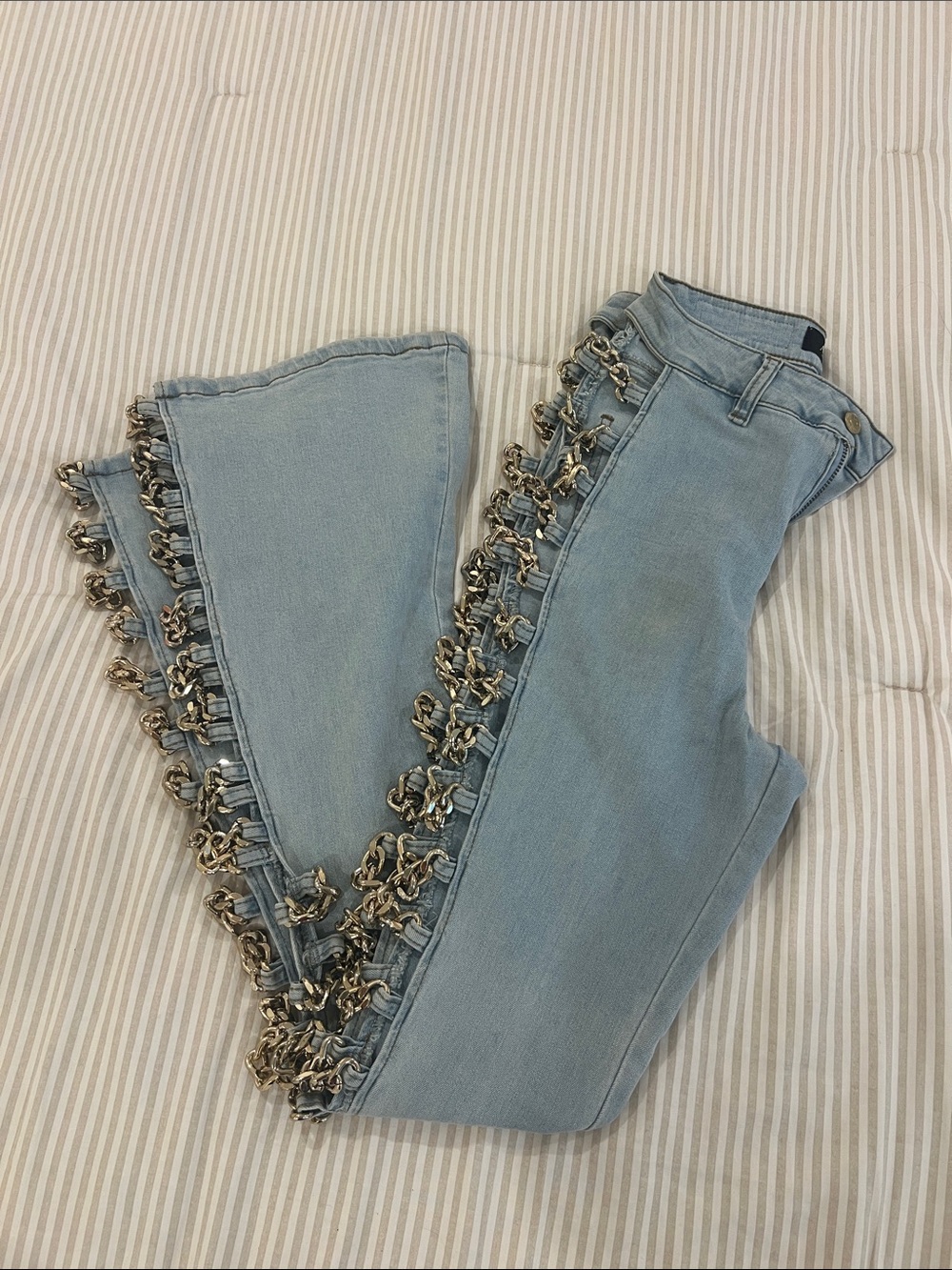 Akira Light Blue Flared Jeans with Gold Chain Trim